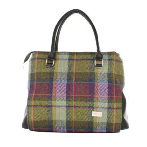 A bag that is green and purple plaid.