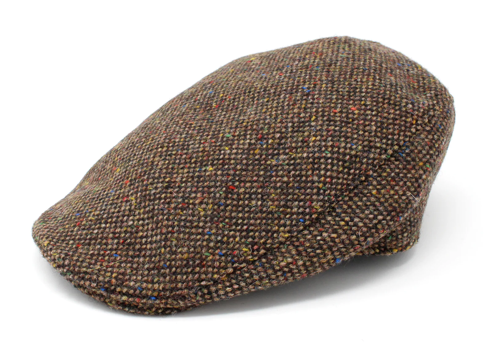 A brown hat with multicolored speckles on it.