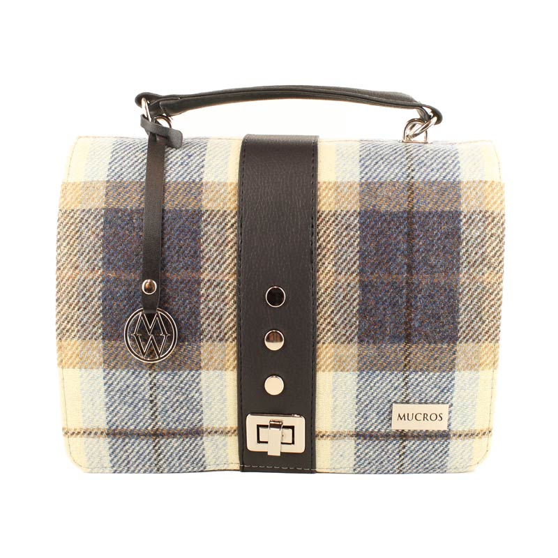 A blue and white plaid purse with black leather strap.
