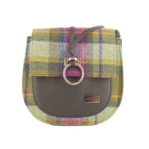 A small purse with a leather strap and plaid fabric.