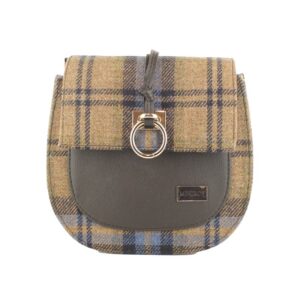 A brown and blue plaid purse with a leather strap.