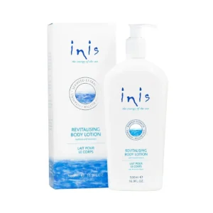 A bottle of inis body lotion next to its packaging.