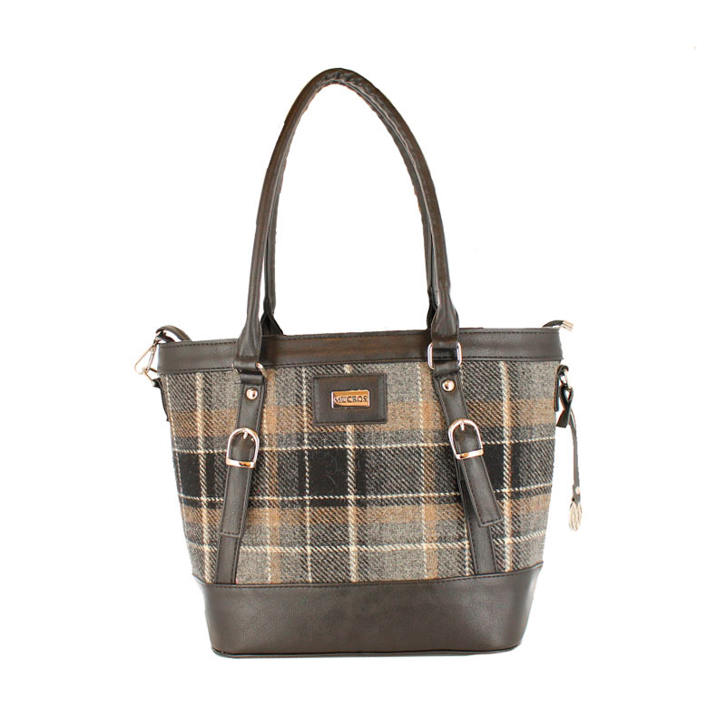 A brown bag with plaid material on it