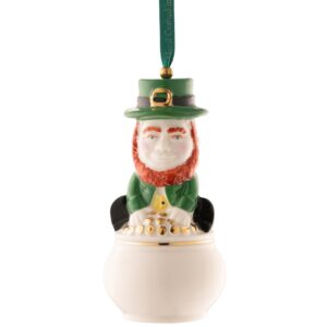 A white ornament with a leprechaun on it.