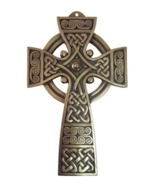 A cross with a celtic design on it.