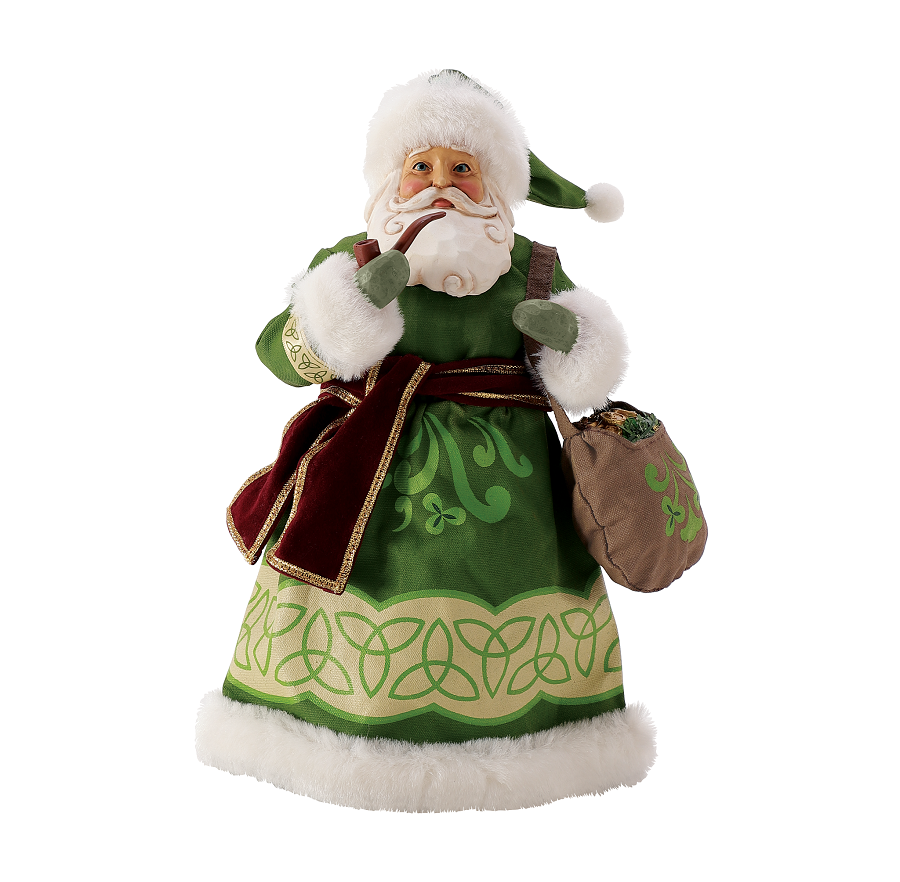 A green santa clause doll with white fur and a bag.