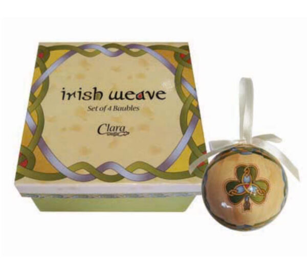 A box and ornament with the words irish weave on it.