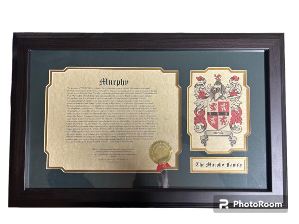 A framed picture of the family crest and a certificate.