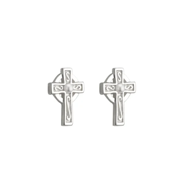 Childs Silver Plated Pearl Celtic Cross Stud Earrings - S33315