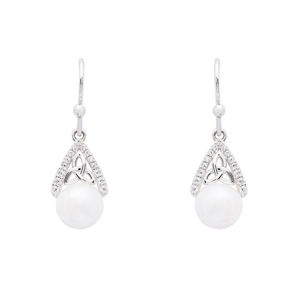 Intricate Sterling Silver Trinity Knot Drop Pearl Earrings - SE2292