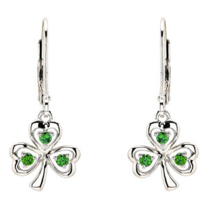 Sterling Silver with Emerald Cubic Zirconia Shamrock Drop Earrings - SE007SH
