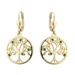 Gold Plated Green Crystal Tree of Life Drop Earrings - S33907G