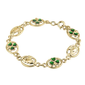 Gold bracelet with green shamrock charms.
