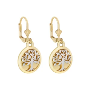 Gold Plated Two Tone Tree of Life Drop Earrings - S34374