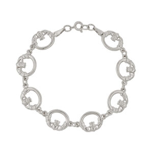 Silver bracelet with Claddagh design links.