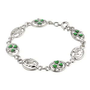 Silver bracelet with green shamrock charms.