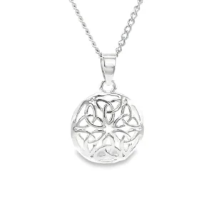 Silver pendant with intricate Celtic knot design.