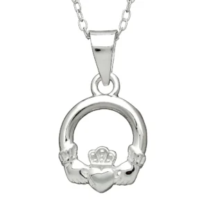 Silver Claddagh pendant on a chain.