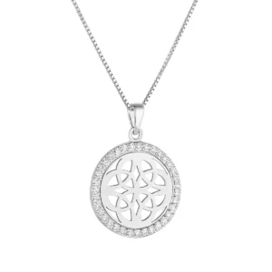 Silver necklace with circular pendant design.