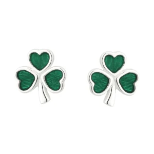 Sterling Silver Green Enamel Shamrock Stud Earrings - S3147