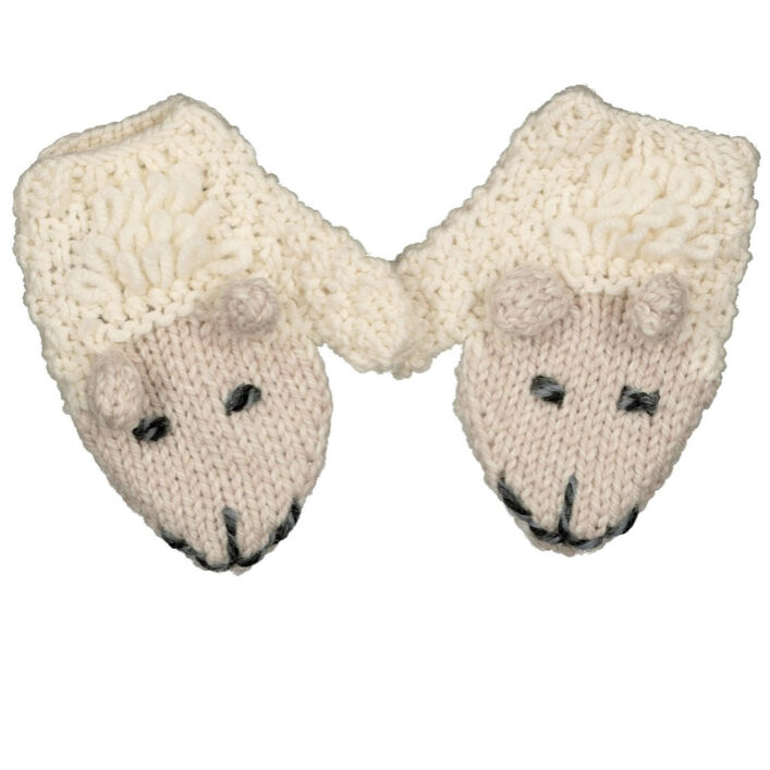 A pair of sheep mittens with the ears facing up.