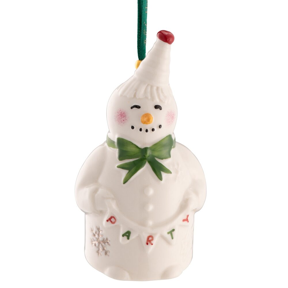 A snowman ornament with green bow and hat.