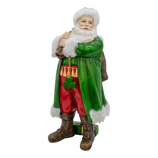 A santa clause statue with green coat and white fur.
