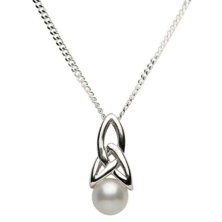 A silver necklace with a pearl on it