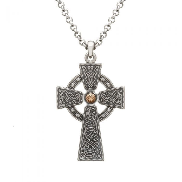 Celtic Warrior Oxidized Silver Cross with Rose Gold Bead