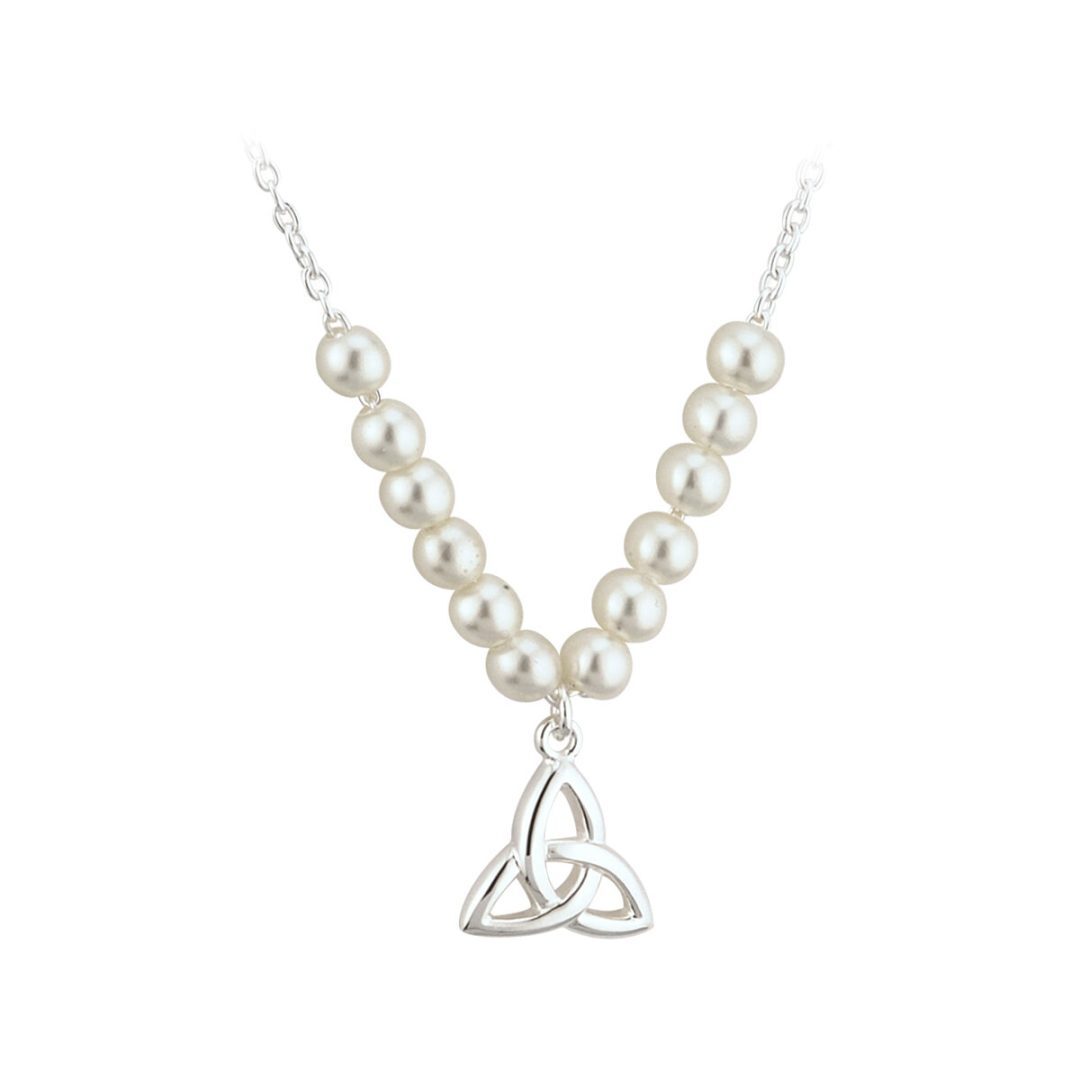 A necklace with pearls and a silver triquetra charm.