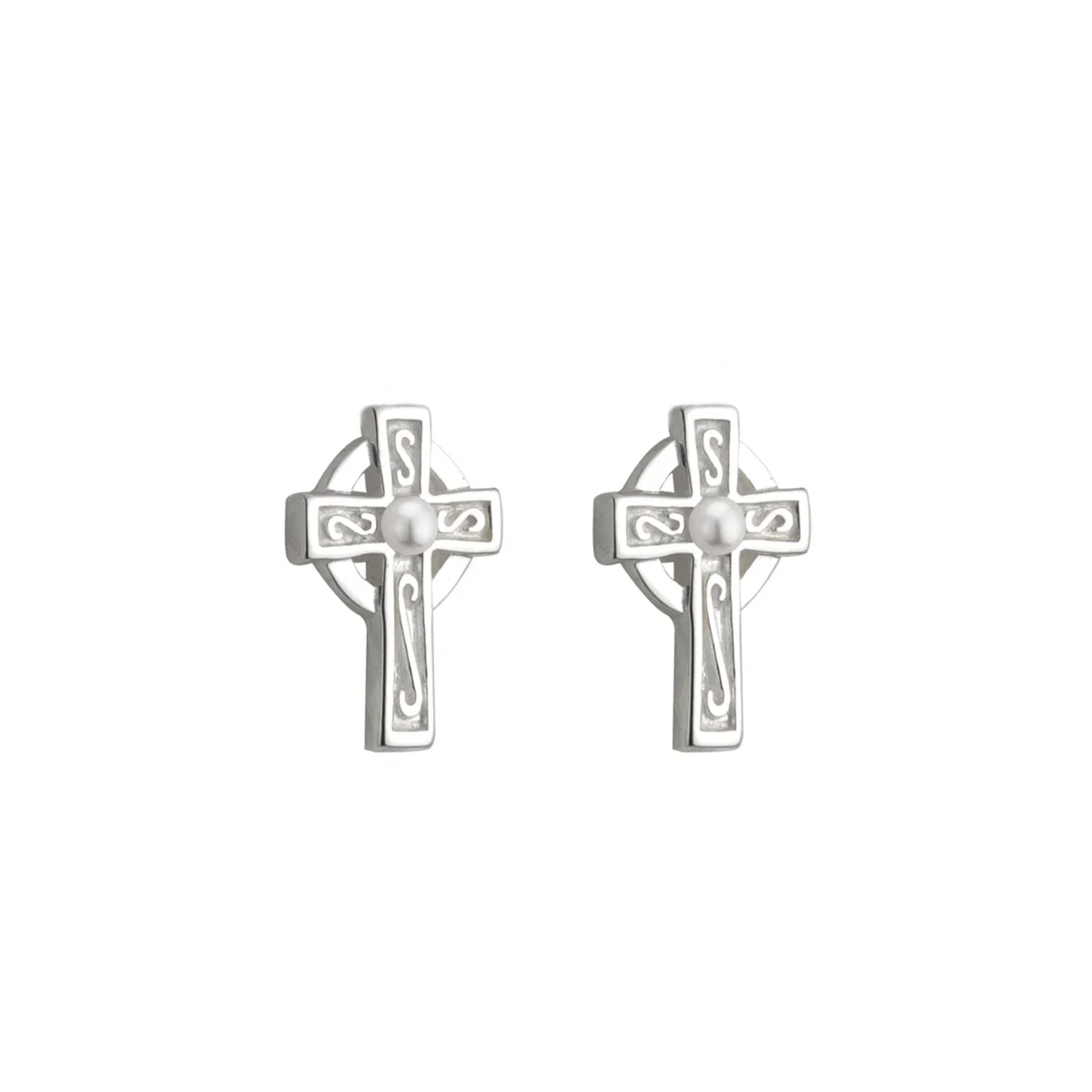 Childs Silver Plated Pearl Celtic Cross Stud Earrings - S33315