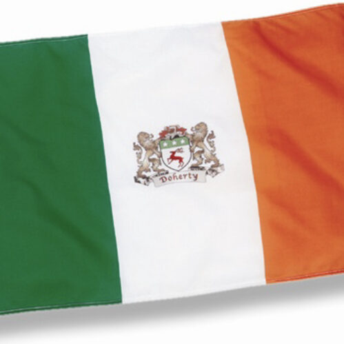 A flag of ireland with the coat of arms on it.