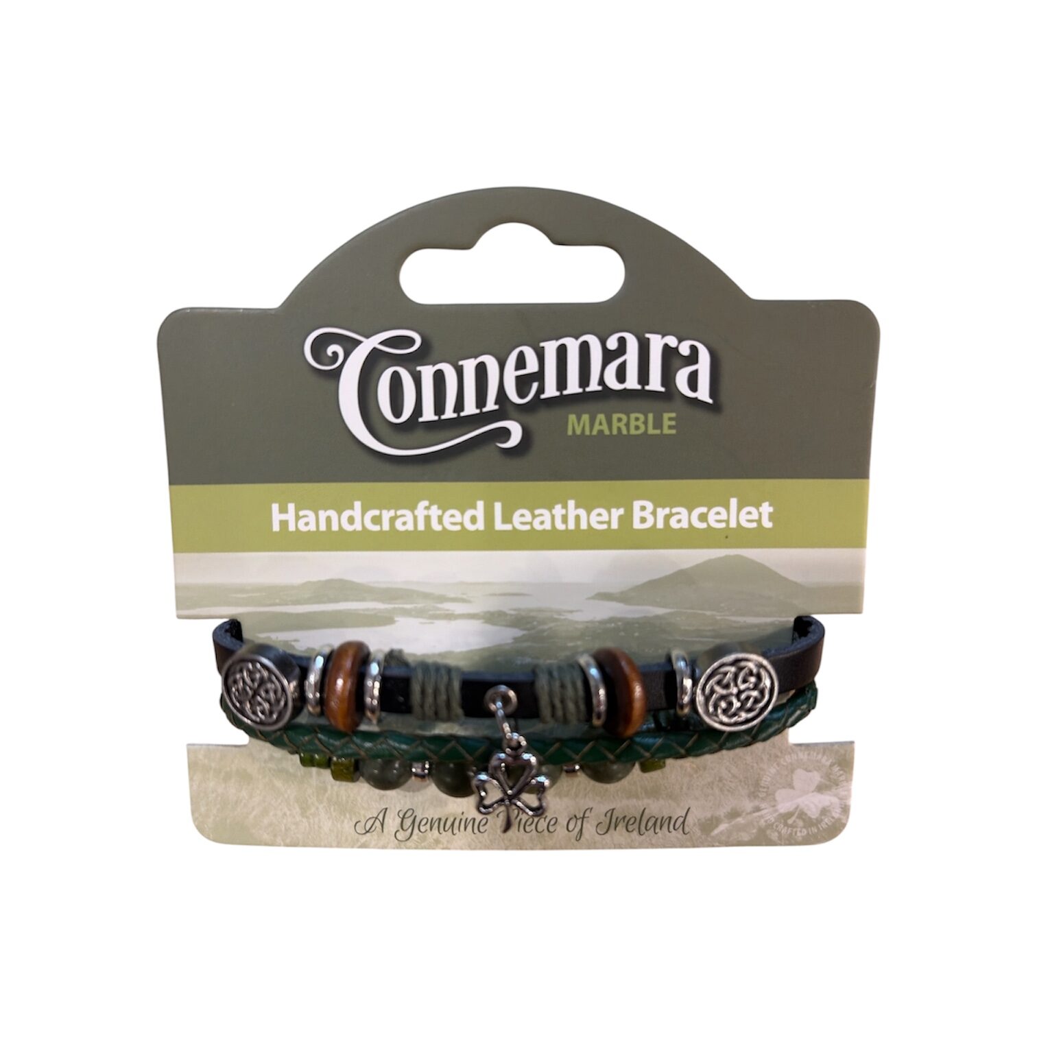 Connemara Marble Leather Bracelet - Open Shamrock
