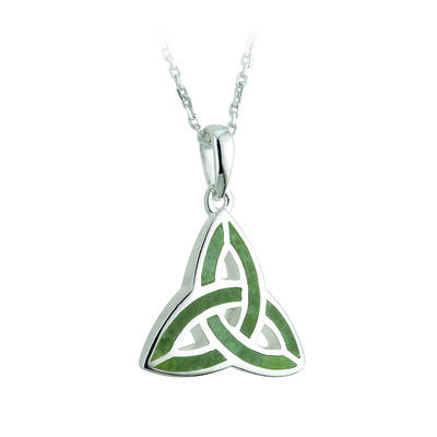 A silver necklace with a green triangular pendant.