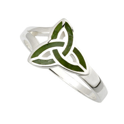 A silver ring with a green triangular design.