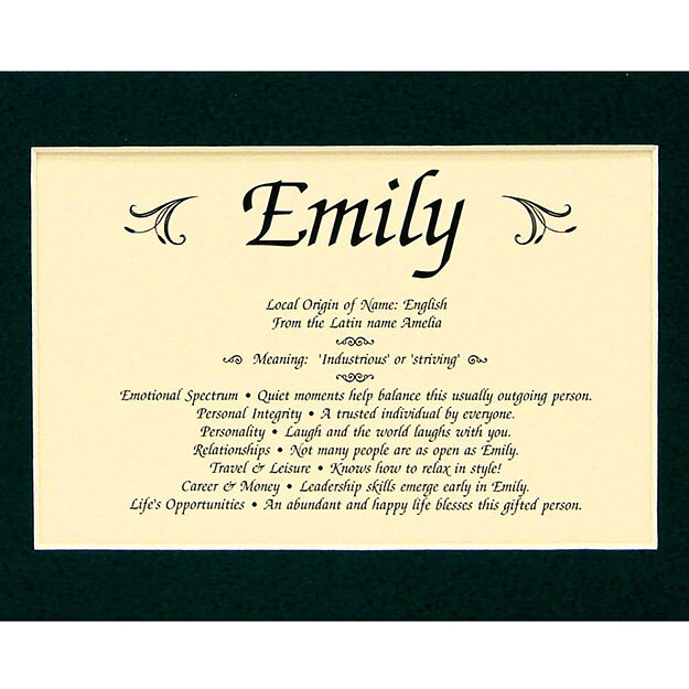 A framed name meaning of emily in black frame.