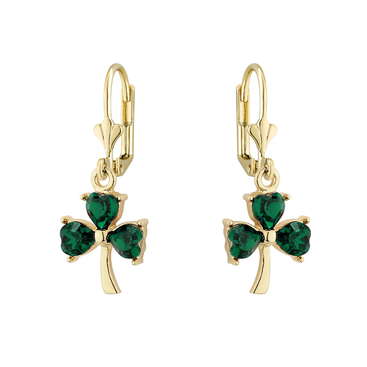 Gold Plated Green Crystal Shamrock Drop Earrings - S33579