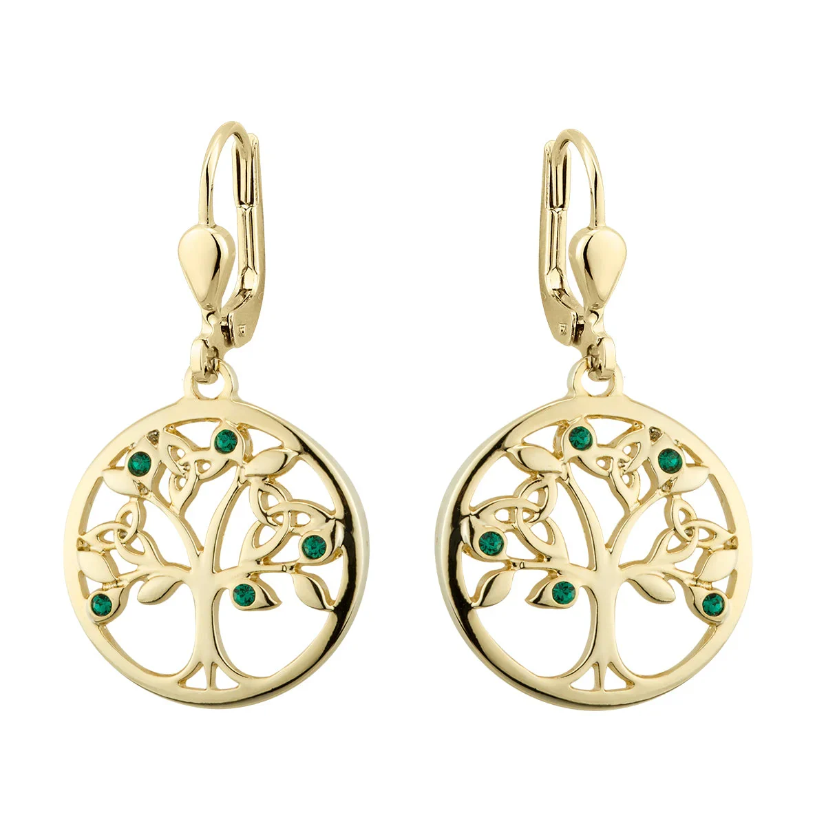 Gold Plated Green Crystal Tree of Life Drop Earrings - S33907G