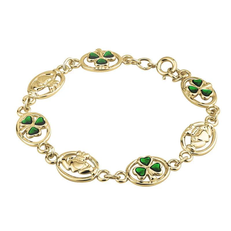 Gold Plated Green Enamel & Claddagh Bracelet- S5153