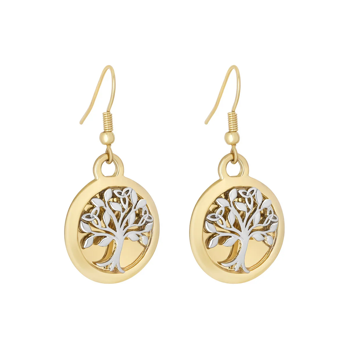 Gold Plated Two Tone Tree of Life Drop Earrings - S34371