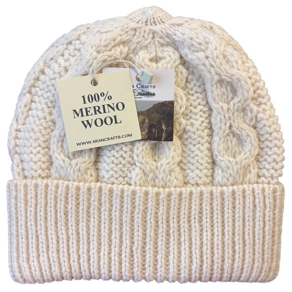 Honeycomb Merino Wool Aran Hat - White