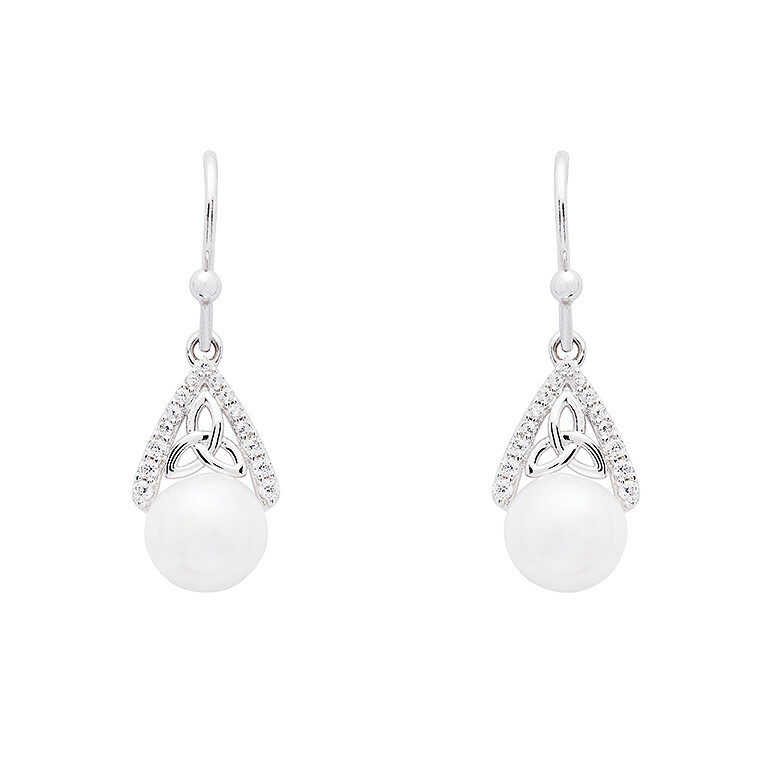 Intricate Sterling Silver Trinity Knot Drop Pearl Earrings - SE2292