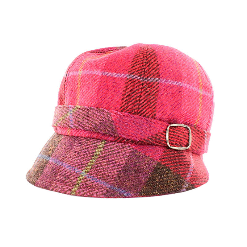 A pink plaid hat with a buckle on the side.