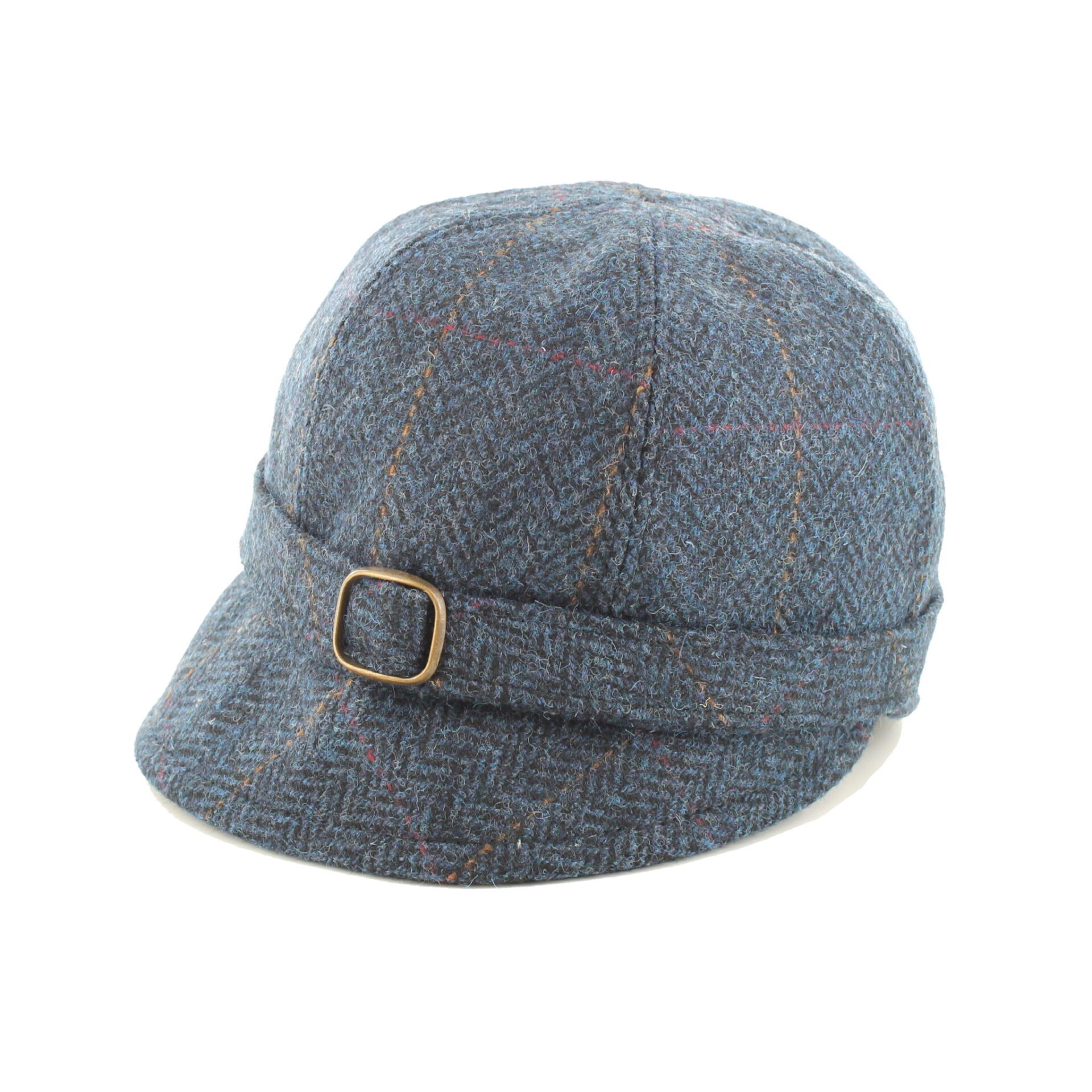 A blue hat with a buckle on the side.