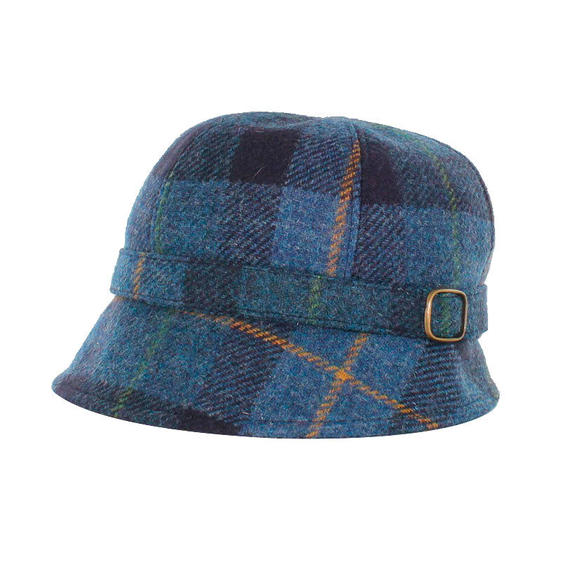A blue plaid hat with a buckle on the side.