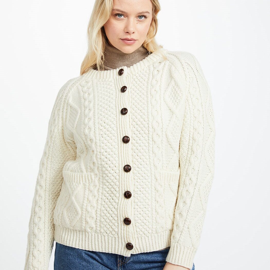 Ladies Merino Wool Hand knit Aran Cardigan – White