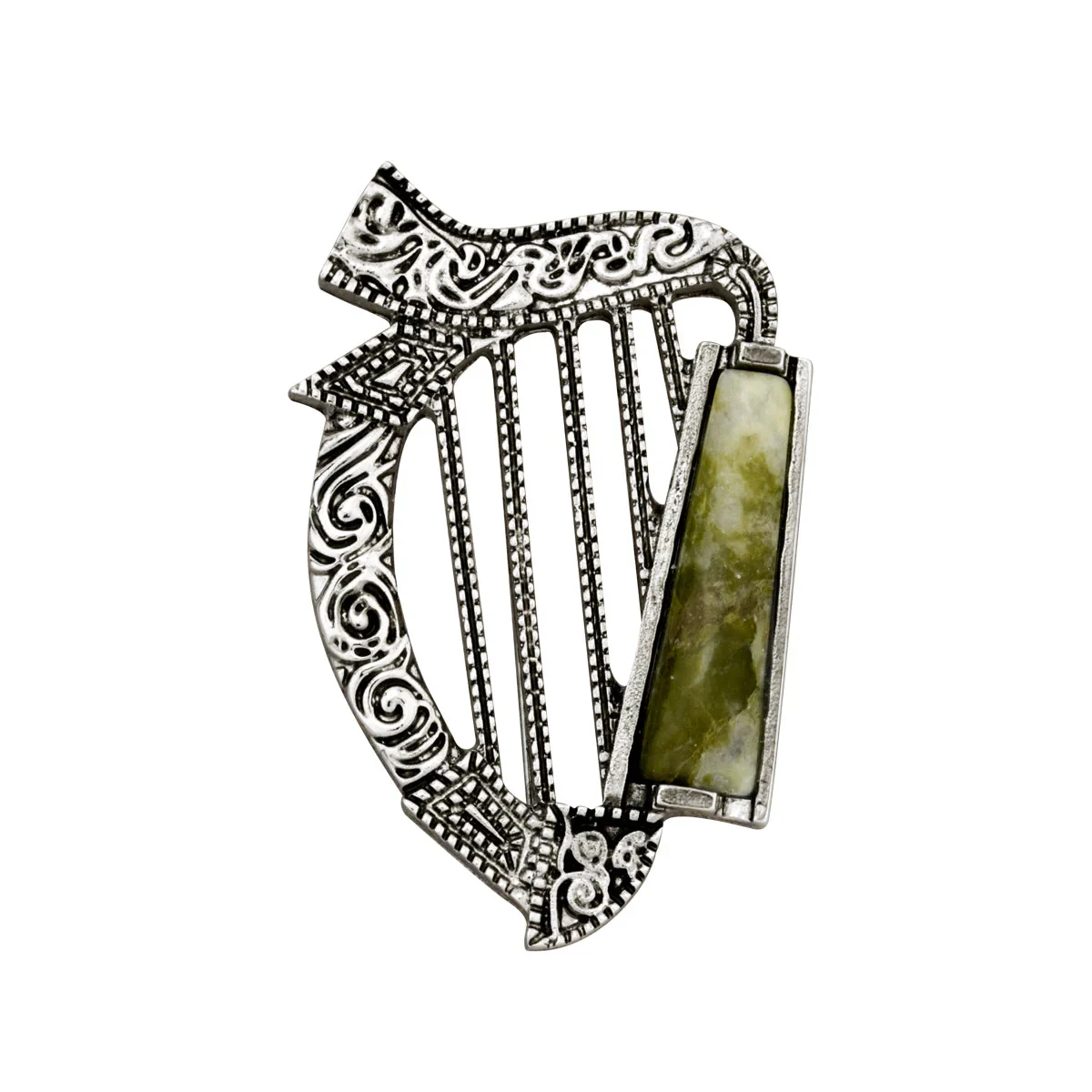 Rhodium Plated Connemara Marble Harp Brooch - S1938