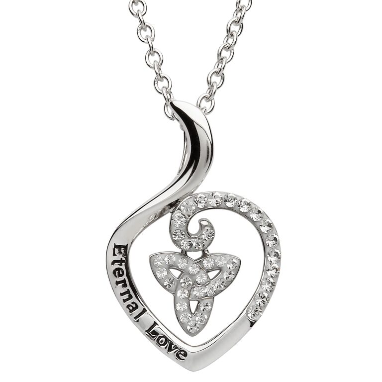 A silver necklace with a heart shaped pendant.