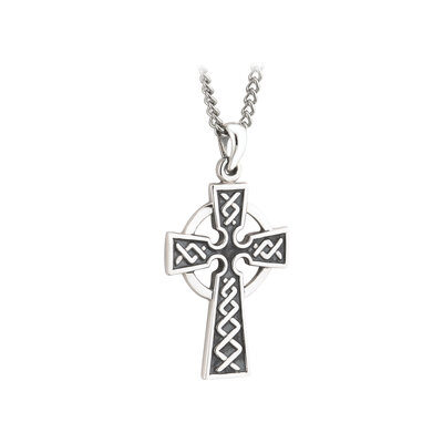 A cross with a celtic design on it's side.