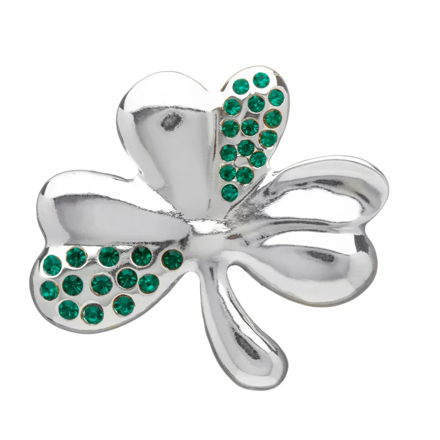 Silver Plated Green Crystal Shamrock Brooch - SPB03